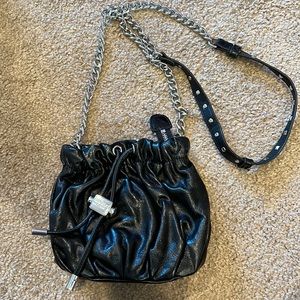 Badgley Mischka Black Leather Drawstring Bag